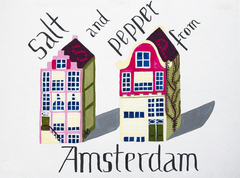 Salt and pepper shakers in the shape of old Amsterdam canal houses