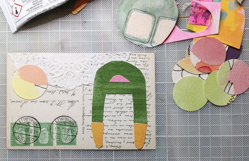 mini collage with letter A on postcard
