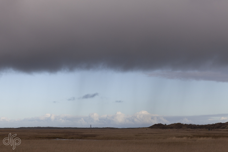 View over the plains with the light house Texel in the far distance. De Slufter, Texel.