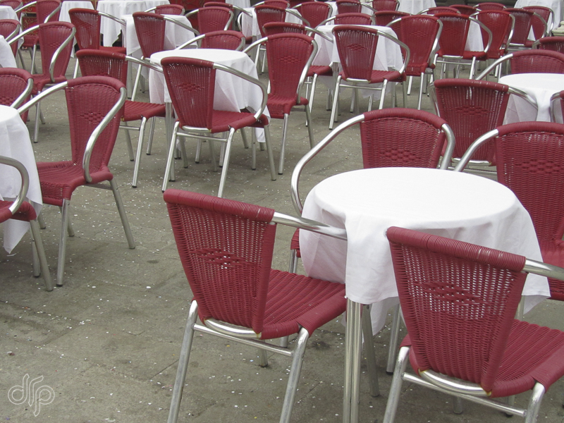 pattern of empty red chairs, Venice Italy