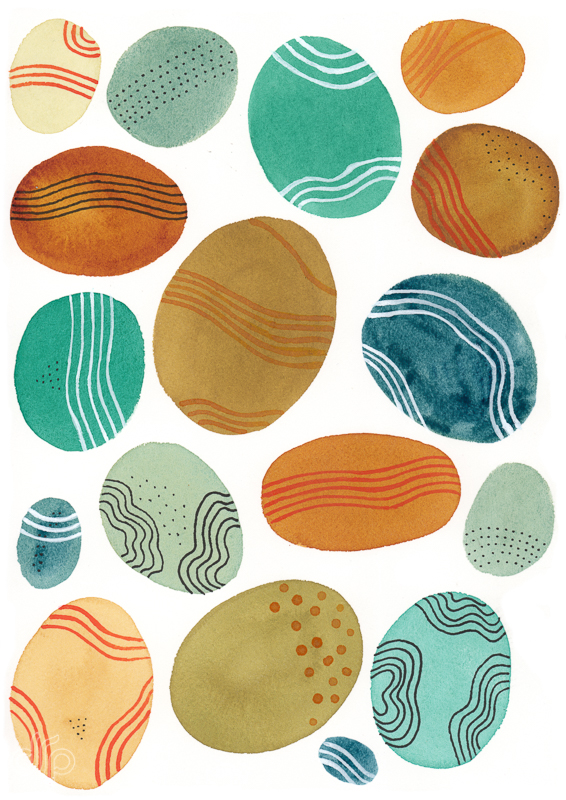 Colourful pebbles in watercolours