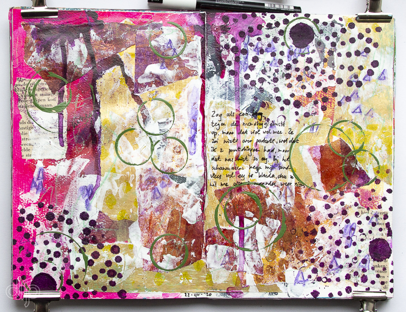 DRP Art journal spread with circles and dots