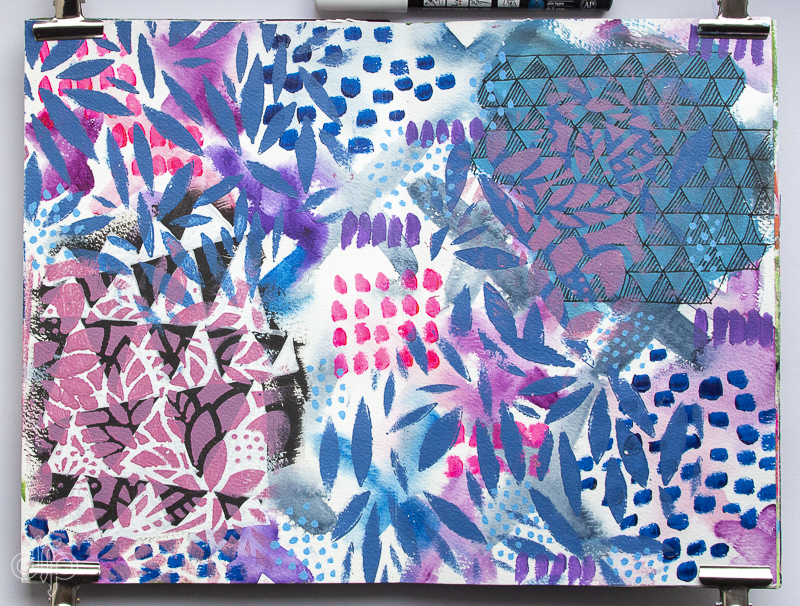 DRP Art journal spread with lots of patterns