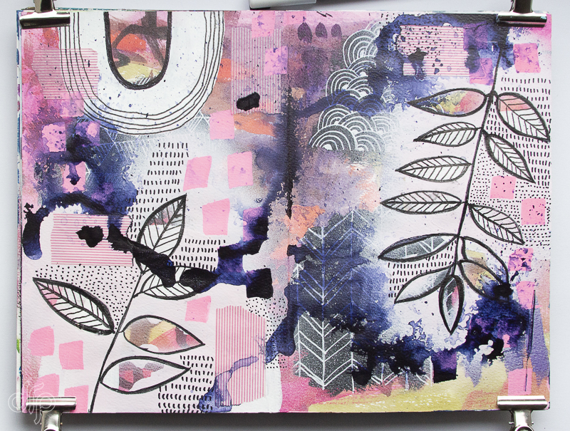 DRP Art journal spread with painted leaves and drips
