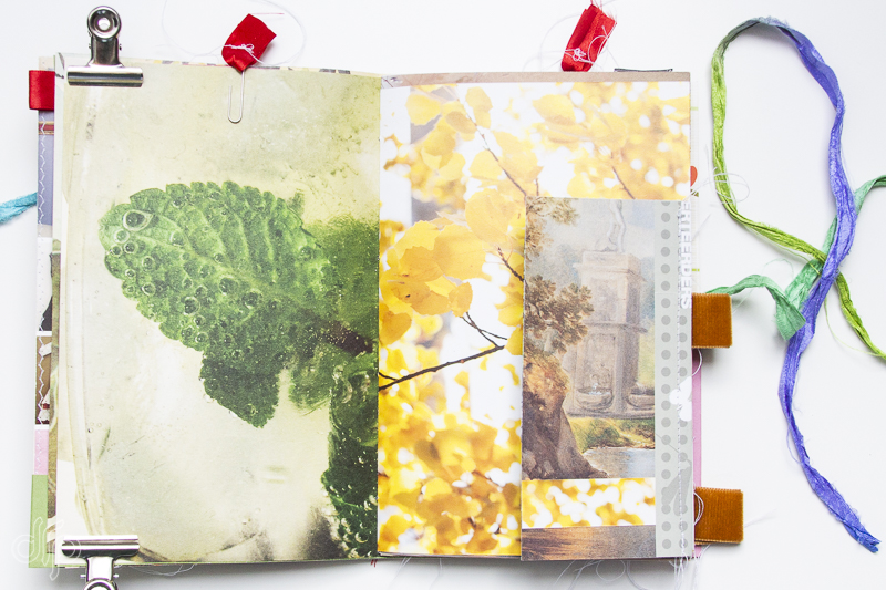 Inside pages of 3rd repurposed Flow Magazine journal with flap