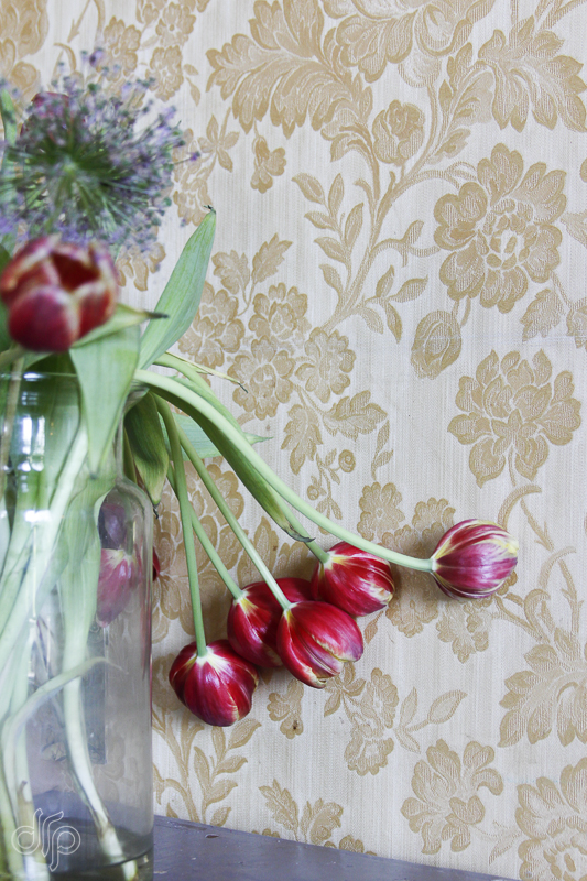 Detail: tulips and beautiful fabric wallpaper