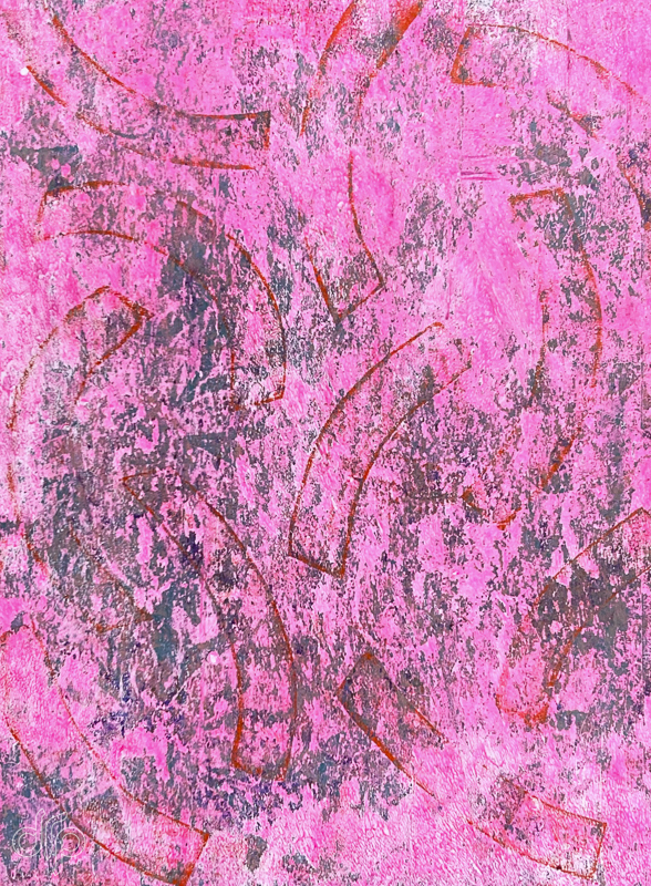 Gelli plate pattern with grungy pink background and faint red curvy shapes