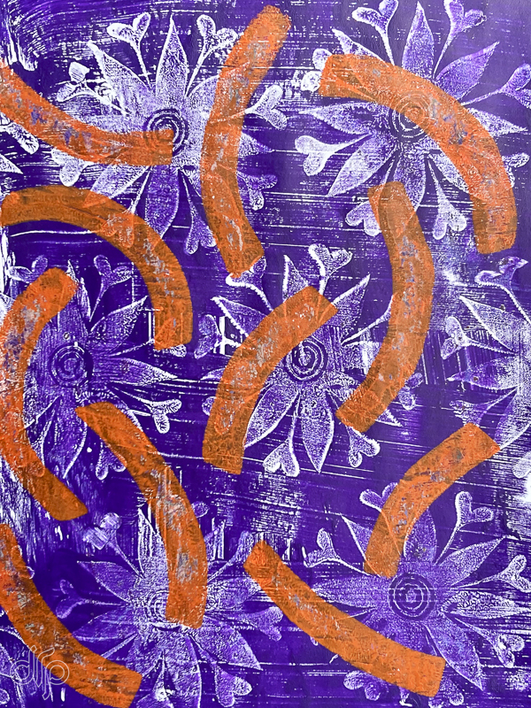 Gelli plate pattern with purple background, white flowers and orange curvy shapes